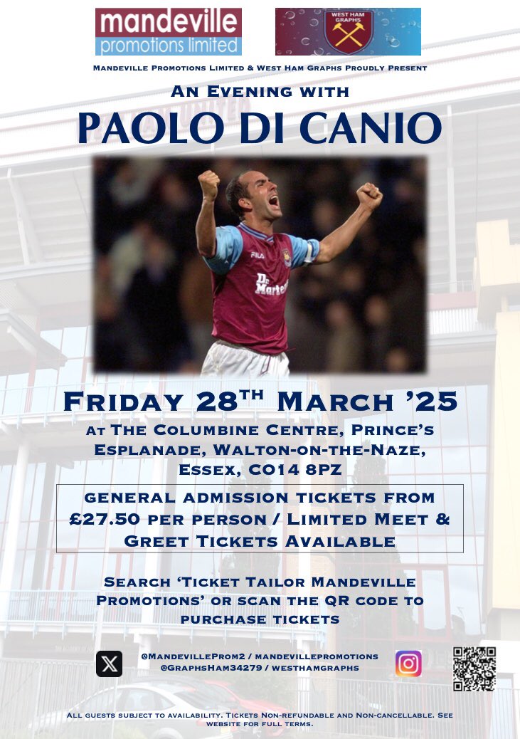 Phenomenal response to our event co-promoted with <a href="/GraphsHam34279/">West Ham Graphs</a> in March 2025, with the Italian Maverick, PAOLO DI CANIO 

General Admission tickets from just £27.50 per person👇🏻

Don’t miss out! 

#DiCanio #WHUFC #COYI #WestHam #WaltonOnNaze 

tickettailor.com/events/mandevi…?