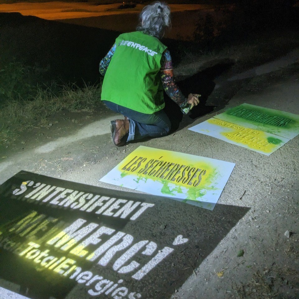 GreenpeaceTours's tweet photo. Action à #Tours 
TotalEnergies a encaissé 19,8 milliards d'euros en 2023. Les catastrophes climatiques ont coûté 6,5 milliards aux assureurs. Qui doit payer selon vous ? 🤔 #StopDrillingStartPaying https://t.co/rTZXQLSSLD