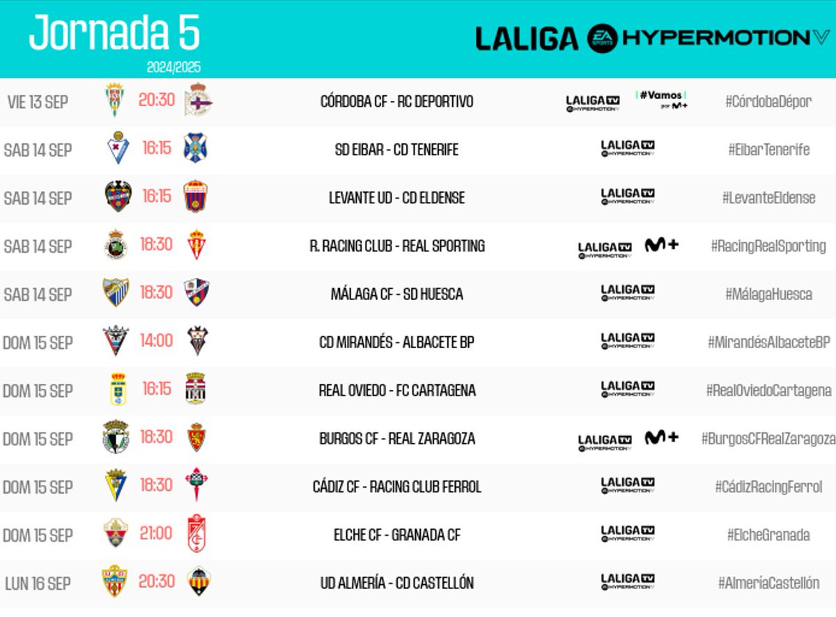 LaLiga2's tweet photo. HORARIOS | Consulta cuándo se jugarán los encuentros de la jornada 5 de #LALIGAHYPERMOTION.

👉 https://t.co/ozAlD8in3x https://t.co/gbGTkcz6Ks