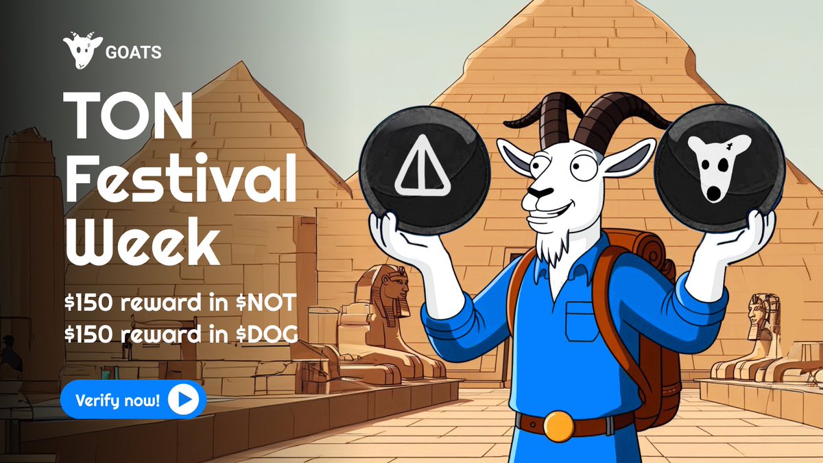 🎉TON FESTIVAL WEEK 🎉

TON Ecosystem is getting so much attention and GOATS wanna honor these great successes to NOT &amp; DOGS Communities. 

Therefore we’re throwing a Festival Week for $NOT &amp; $DOGS Holders with a reward pool of $300 💵

✊ Here’s the mission:
1️⃣ Join