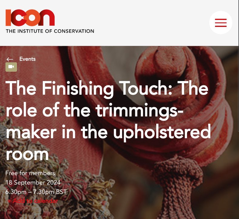 Booking for our next online lecture 'The Finishing Touch: The role of the trimmings-maker in the upholstered room' from Annabel Westman on 18th September 2024 6:30-7:30pm is open! 🗓️

icon.org.uk/events/the-fin…