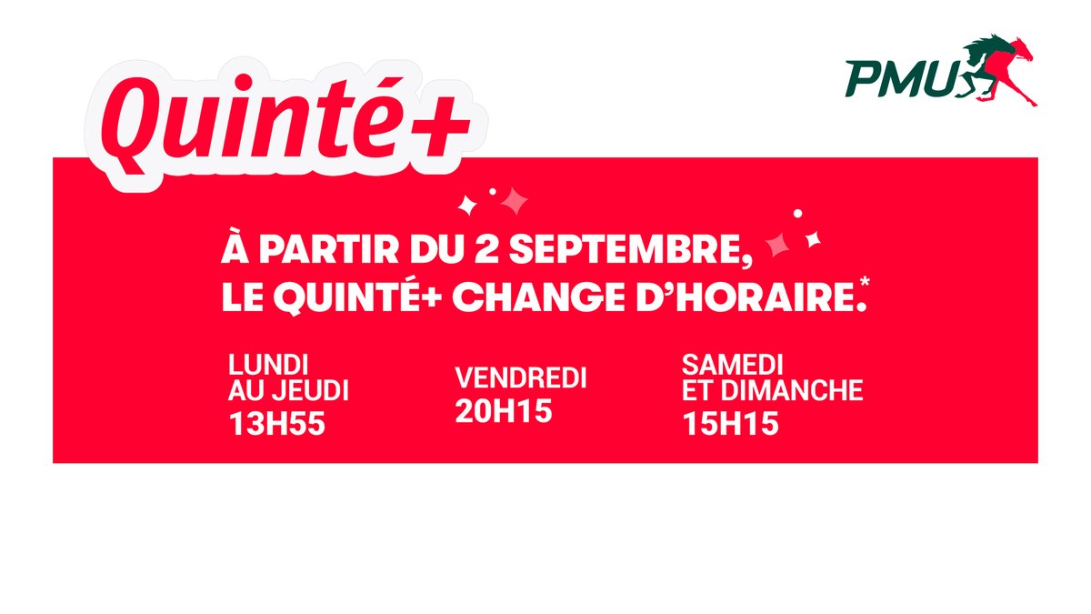 🚨 Le Quinté + change d'horaire à partir du lundi 2 septembre

Voici les nouveaux horaires de votre rendez-vous quotidien ⤵️