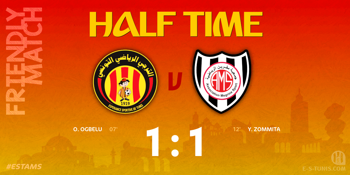 ESTuniscom's tweet photo. ⏱ HT | #Friendly #ESTAMS | @ESTuniscom 1⃣-1⃣ #ASMegrine : End of the first half / نهاية الشوط ال��ول / Fin de la première période https://t.co/AKHnQt6XIM