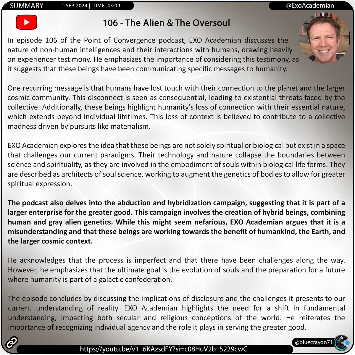bluecrayon71's tweet image. 106 - The Alien &amp;amp; The Oversoul @ExoAcademian 

🔗youtu.be/v1_6KAzsdFY?si…

#nonhumanintelligences #experiencertestimony #spirituality #soulscience #hybridization #disclosure #consciousness #galacticconfederation #expandingawareness