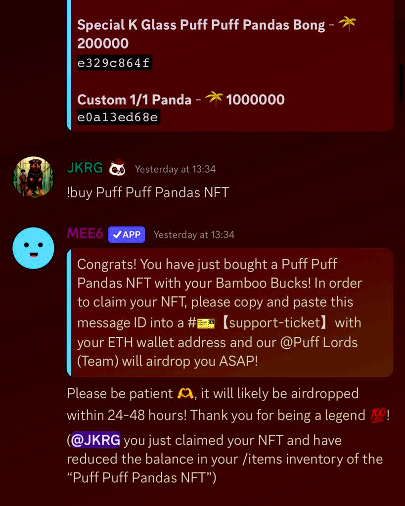 NFTs/bongs &amp; more…still being claimed in our discord via the use of “bamboo bucks”. 

Puff Puff Pandas - still giving back to the community, even 2 years after mint! 🐼🐼🐼