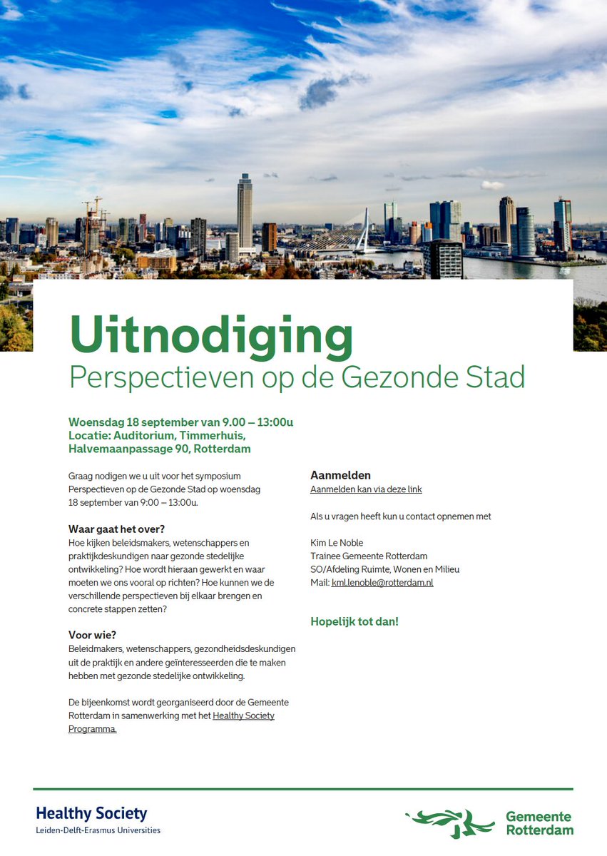 Hoe werken beleidsmakers, wetenschappers en praktijkdeskundigen aan gezonde stedelijke ontwikkeling? Ontdek het tijdens het symposium 'Perspectieven op de Gezonde Stad' op 18 september van 9:00 - 13:00 uur. Meld je aan en bekijk het programma: tinyurl.com/589dczre