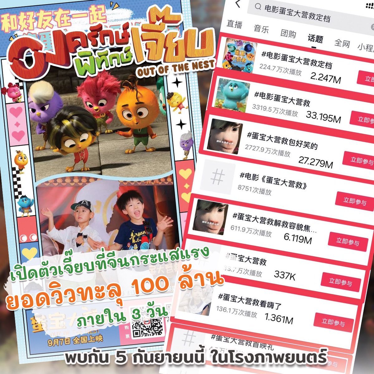 opalism's tweet image. “OMG...! พระเจ้าจ๊อด มันยอดมาก!! Out of The Nest is TRENDING in China..!!!หนังการ์ตูนไทยที่เป็นกระแสสุดๆที่เมืองจีนตอนนี้…
เจอกัน 5 กันยายน 2567 น๊า
จองตั๋วล่วงหน้ากันได้แล้ว Animation สัญชาติไทยร่วมกับสุดยอดผู้เชี่ยวชาญแอนิเมชันระดับโลก…

#OutOfTheNest #TandBMediaGlobal