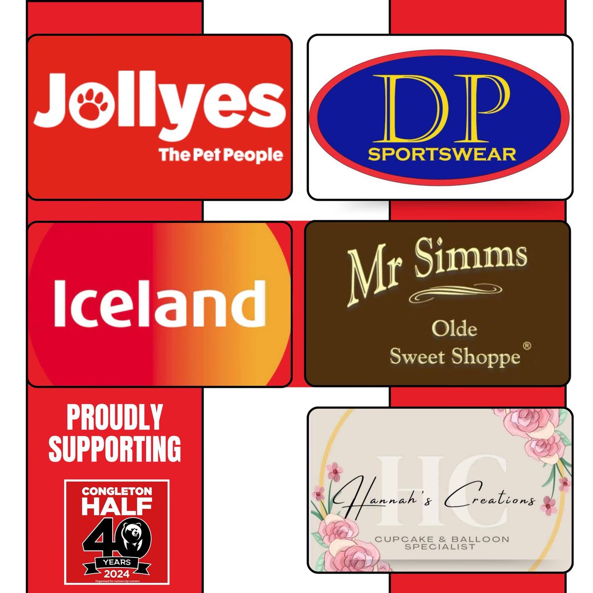 🔴 Congleton Half Marathon - supporter shoutout 🔴

The Congleton Half committee team would like to thank the following:

🔴 Jollyes
🔵 DP Sportswear
🔴 Iceland
🟠 Mr Simms Olde Sweet Shoppe
🟡 Hannah’s Creations

Thankyou to you all for your kind support.