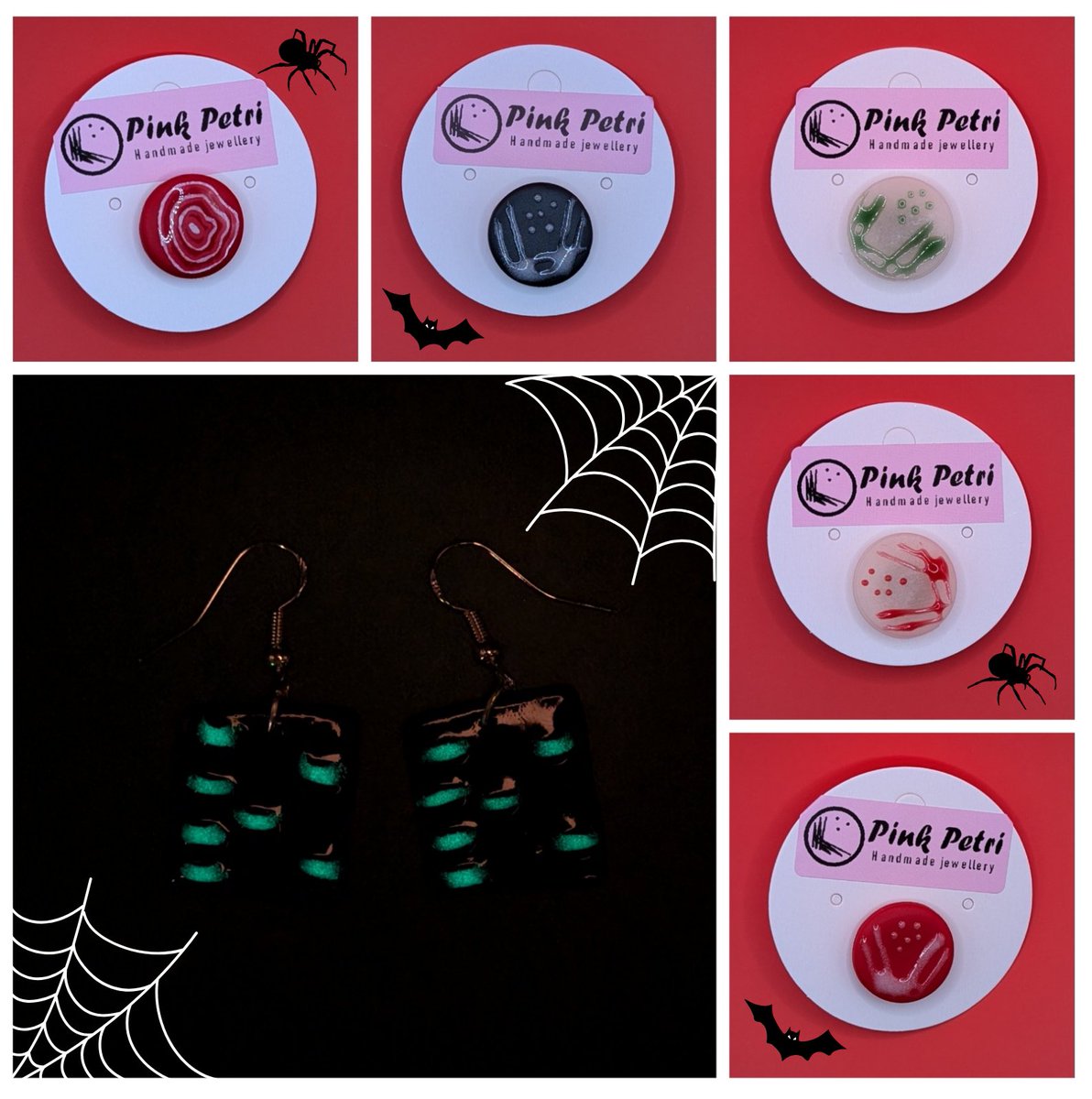 It's September now which basically means it's Halloween! Check out these spooky looking plate pins and glow-in-the-dark gel earrings 🎃💚

pinkpetri.etsy.com
