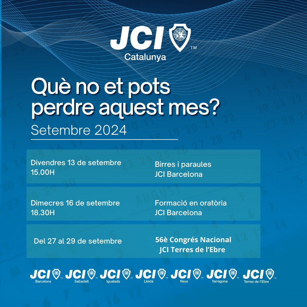 📅 𝐄𝐥 𝐬𝐞𝐭𝐞𝐦𝐛𝐫𝐞 𝐚𝐫𝐫𝐢𝐛𝐚 𝐩𝐥𝐞 𝐝'𝐚𝐜𝐭𝐢𝐯𝐢𝐭𝐚𝐭𝐬 𝐦𝐨𝐥𝐭 𝐢𝐦𝐩𝐨𝐫𝐭𝐚𝐧𝐭𝐬! 𝐃𝐞𝐬𝐜𝐨𝐛𝐫𝐞𝐢𝐱-𝐥𝐞𝐬!

👐Encarem el nou curs amb el 𝟓𝟔è 𝐂𝐨𝐧𝐠𝐫é𝐬 𝐍𝐚𝐜𝐢𝐨𝐧𝐚𝐥 𝐝𝐞 𝐥𝐚 𝐉𝐂𝐈 𝐂𝐚𝐭𝐚𝐥𝐮𝐧𝐲𝐚!

#jci #jcicatalunya #jcileaders