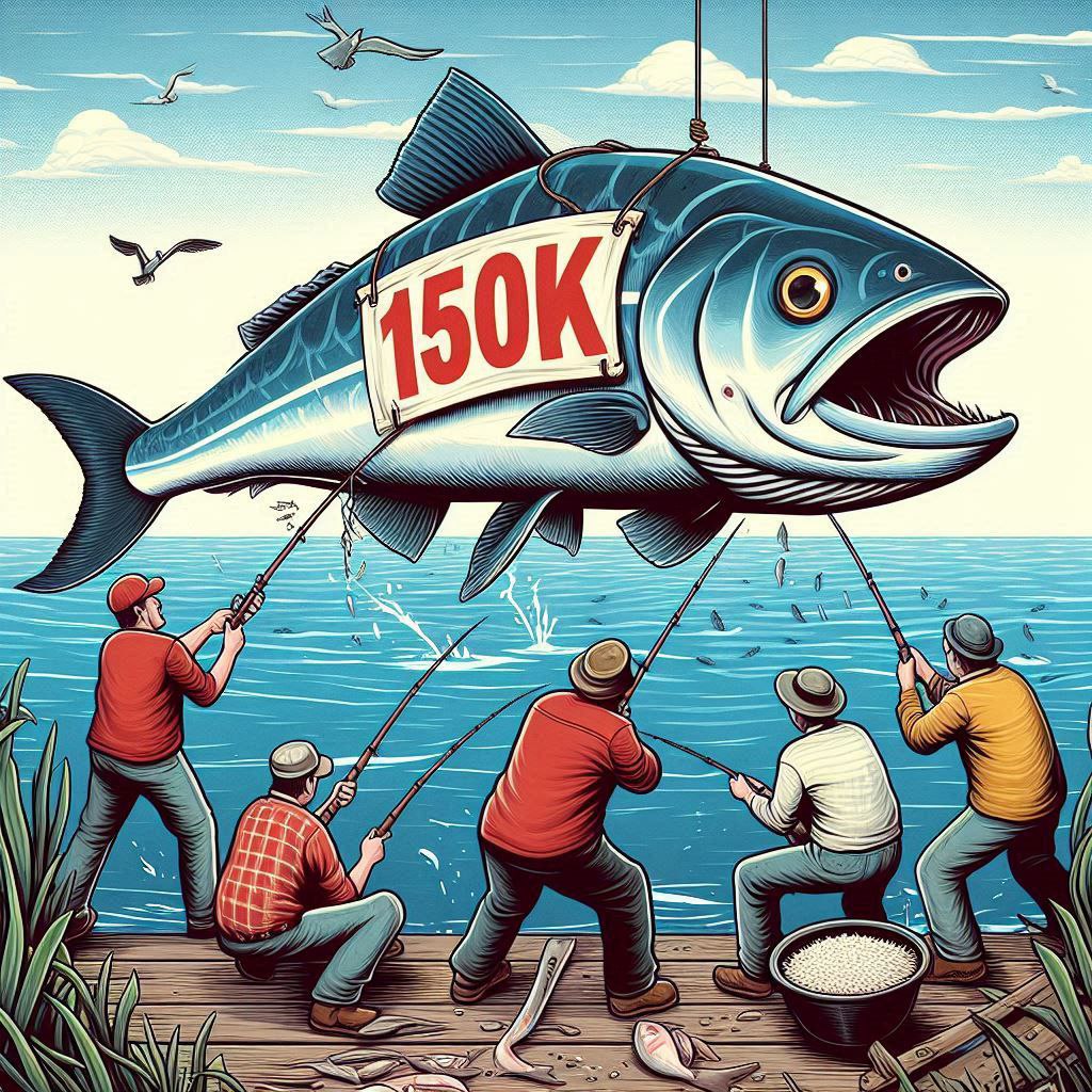 This is huge 🤝, we've achieved over 150k active fishermen fishing 🎣 on our app in just a week &amp; a day..
We thank everyone for this growth and achievement. Keep Fishing 🎣 
The main day is fast approaching.

It's time to fish 🐟