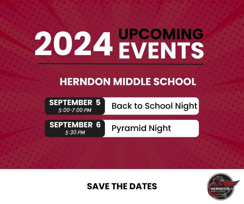 📅 Upcoming Events-
⚫THURSDAY: Back-to-School Night (Pre-sessions at 5:00 PM) 5:30 PM start in Homeroom.
⚫FRIDAY: Pyramid Night @ "The Nest," aka Herndon High School, with activities beginning at 5:30 PM, tunnel run at 6:40 PM, and kick-off against the Saxons at 7:00 PM!