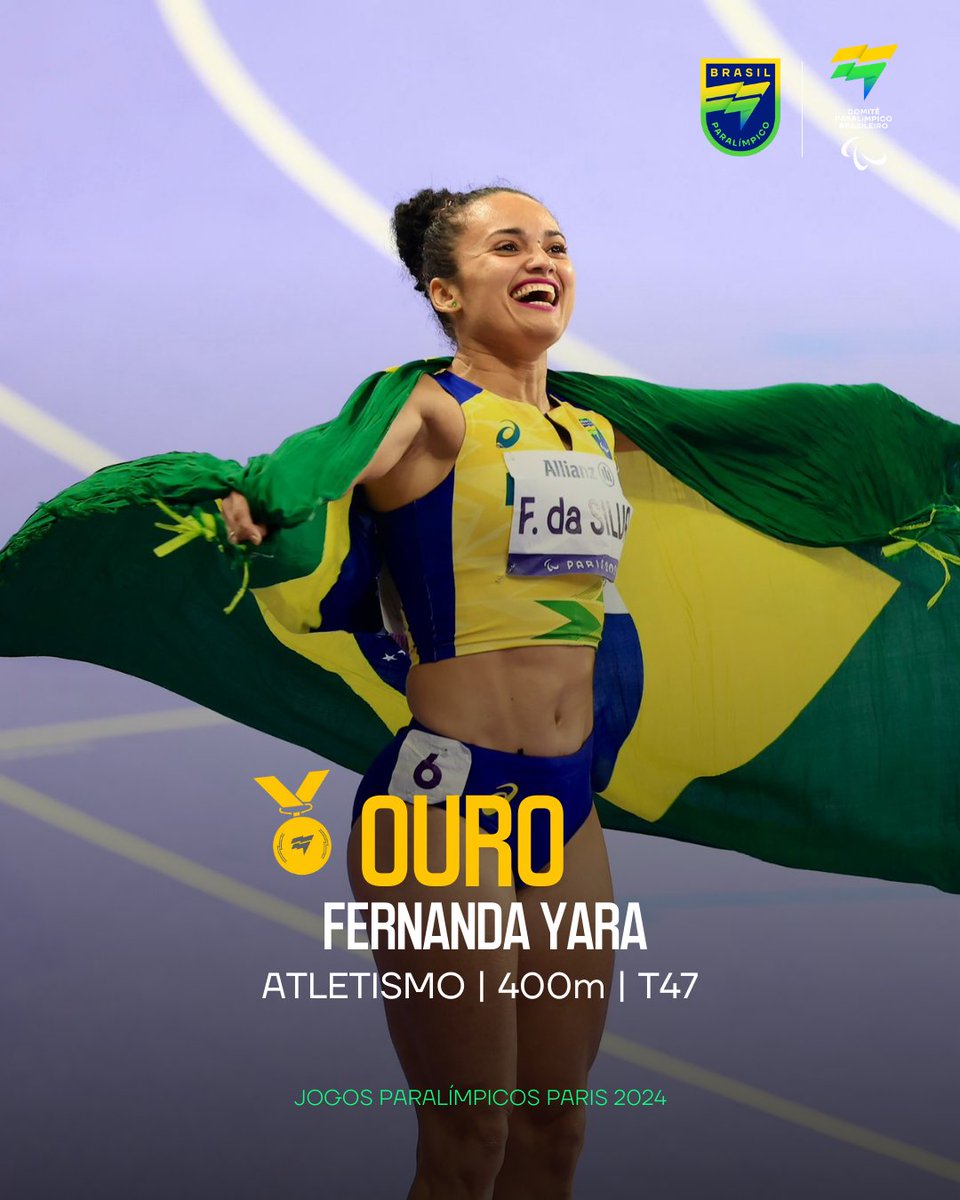 AVISA QUE É ELAAA! 🥇 Fernanda Yara é a mais nova campeã paralímpica nos 400m T47. Depois de ser bicampeã mundial no mesmo ciclo, ela conquista sua 1ª medalha nos Jogos Paralímpicos de #Paris2024. 🤩

#BrasilParalímpico #JogosParalímpicos