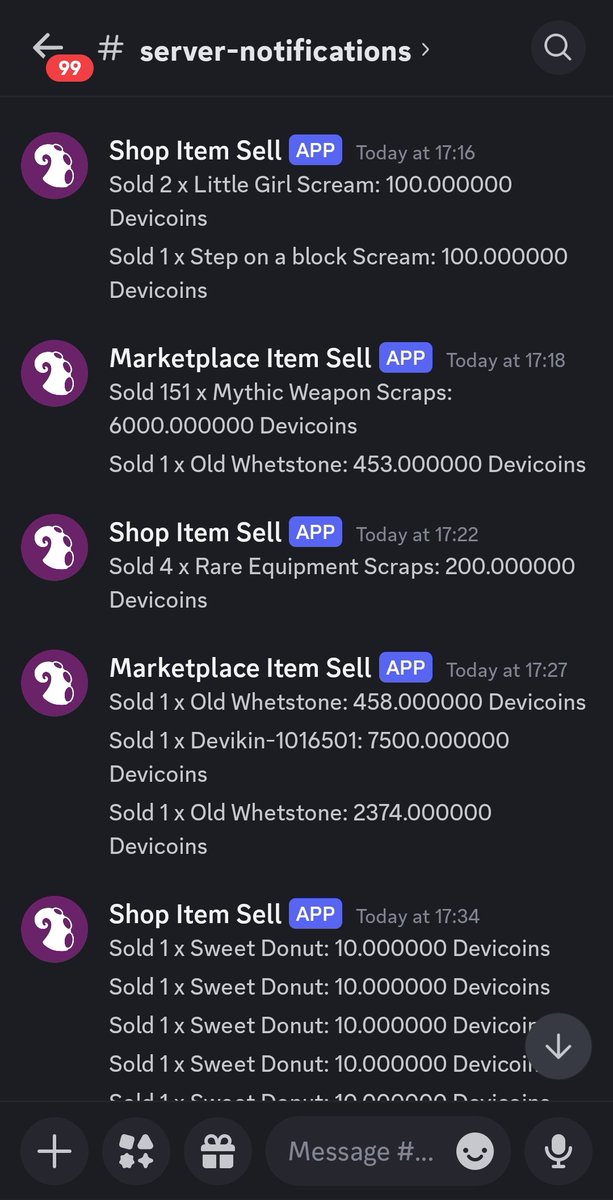.<a href="/devikins_game/">Devikins</a> #dvk <a href="/dio_ianakiara/">Dio | Legacy</a>

A new server-notifications channel has been created on the Devikins Discord
This shows live transactions in the ingame shop and on the Marketplace