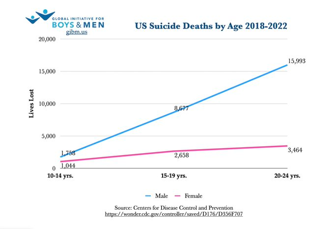 Suicidios durante la juventud y genero
-Hasta los 10 años, niños y niñas se suicidan por igual. 
-Entre 10 y 14, los chicos cometen el doble de suicidios 
-Entre 15-19 los chicos se suicidan 3´3 veces más
- Entre 20-24 , unas 4´6 veces más  
Otro "privilegio masculino" y tal...