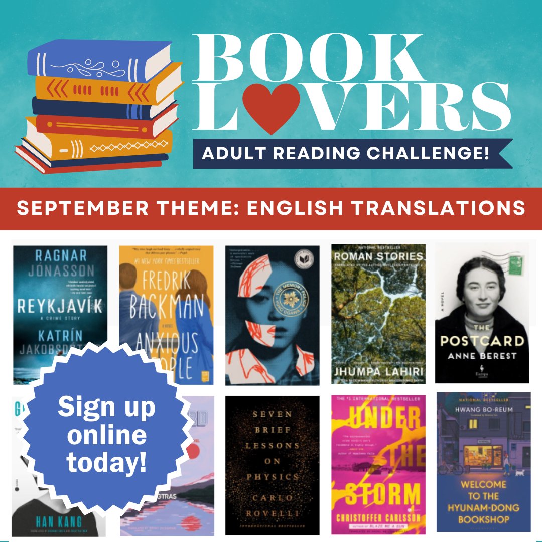 Discover books translated to English with this month's Book Lovers Adult Reading Challenge. List of books linked to the catalog libraryaware.com/315PPG. Join the challenge eglibrary.org/booklovers