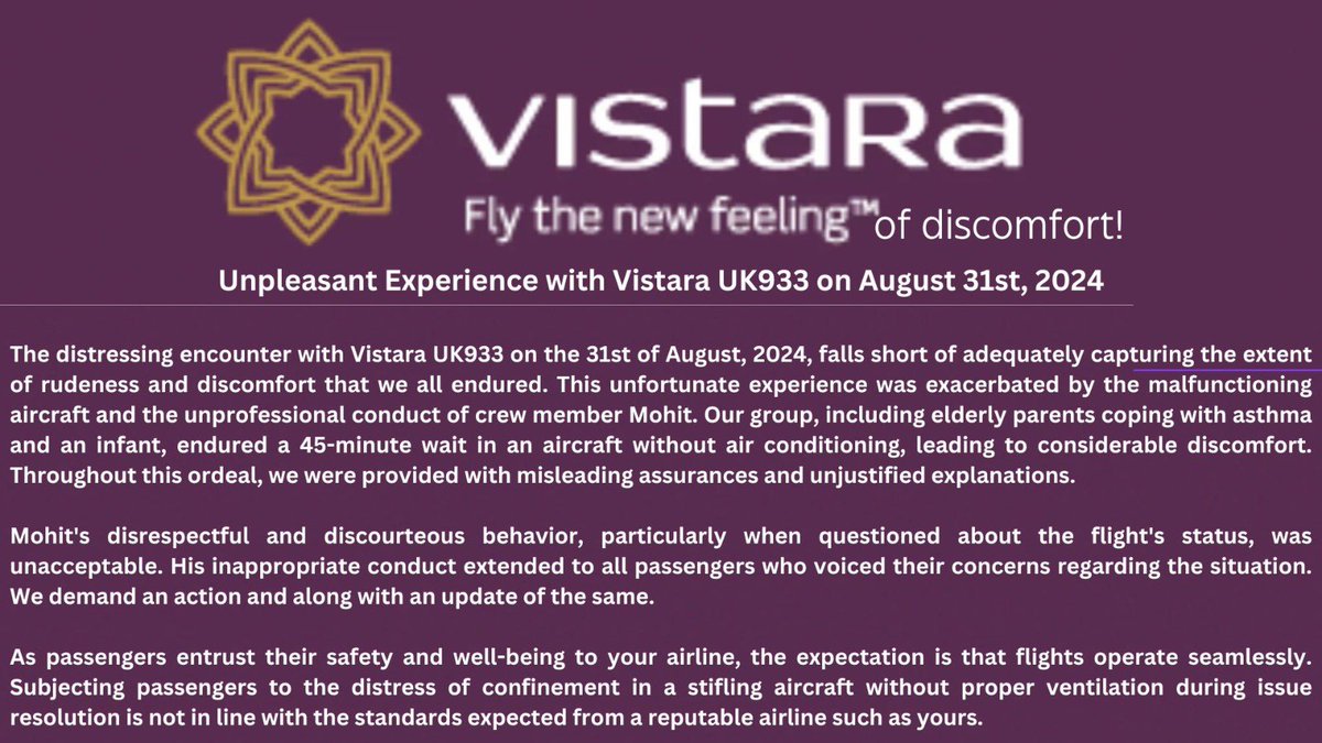 Rishika_11's tweet photo. @airvistara @DGCAIndia @MoCA_GoI @AAI_Official @DelhiAirport @RamMNK @jagograhakjago Worst ordeal faced with #AirVistara #UK933. Malfunctioning aircraft, health at stake, misbehaving crew member. Details ⬇️⬇️ https://t.co/H0vBLulXQo