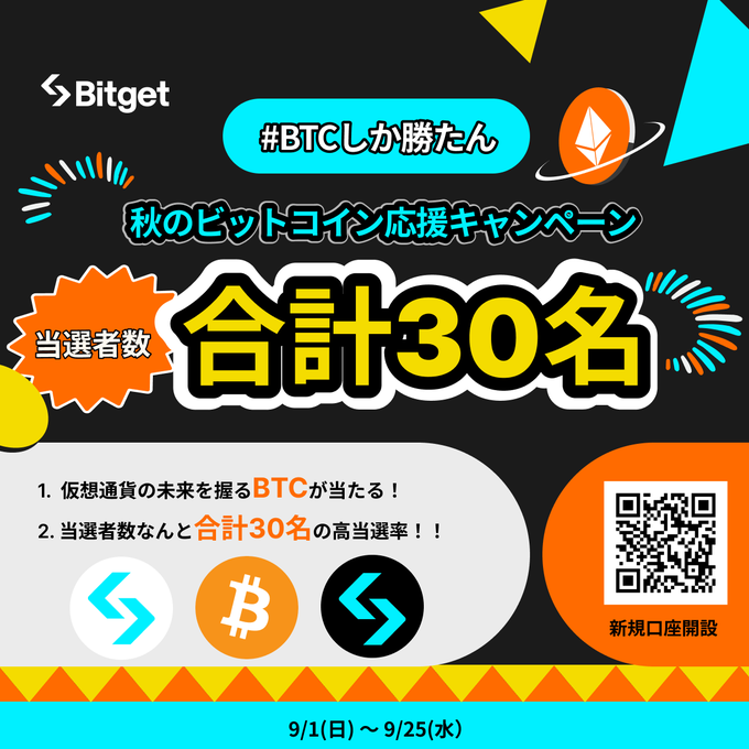 BitgetJP's tweet photo. 【⭐️現在開催中の宣伝キャンペーン一覧⭐️】

ぜひこの投稿も「リポスト」して皆様にお知らせいただければ幸いです🙇‍♀️

「リポスト」すると「 #BGB 」、「 #Amazonギフト券 」、「 #USDT 」、「 #BTC 」、が当たる7つのリポストキャンペーンをまとめました🤩✨

まだ参加されていない方は、下記のリンクからご参加ください☺️⬇️

1️⃣ $SOL 人気銘柄キャンペーン
🎁5名様に10USDTをプレゼント
⌛️9月1日まで開催
🔗https://t.co/R5mSLefNdb

2️⃣ #Bitget 魔界スペシャルAMA開催
🎁3名様に10USDTをプレゼント
⌛️9月5日まで開催
🔗https://t.co/QpqQZcSWf0

3️⃣ 残暑お疲れサマーキャンペーン
🎁5名様に10USDTをプレゼント
⌛️9月8日まで開催
🔗https://t.co/MP2ZHd78M8

4️⃣BTC価格予想イベント開催
🎁10名様に10BGBをプレゼント
⌛️9月14日まで開催
🔗https://t.co/rKXlRVSz7T

5️⃣ビットコイン応援キャンペーン
🎁30名様に10USDT相当の #BGB をプレゼント
⌛️9月25日まで開催
🔗https://t.co/PkRdeWpUT9

6️⃣ #Bitget IG限定キャンペーン
🎁25名様に10USDT相当の #ETH と 1000円分の #Amazonギフト券 をプレゼント
⌛️9月25日まで開催
🔗https://t.co/SMfKTcuQU5

7️⃣ ガチンコファイトクラブ #Bitget キャンペーン
🎁5名様に10BGBをプレゼント
⌛️9月25日まで開催
🔗https://t.co/W6fBOfvcJC

8️⃣日本限定セービングキャンペーン
🎁5名様に10USDTプレゼント
⌛️10月8日まで開催
🔗https://t.co/vs2rPojLgS

いつも #Bitget のキャンペーンにご参加いただきありがとうございます🙇‍♀️