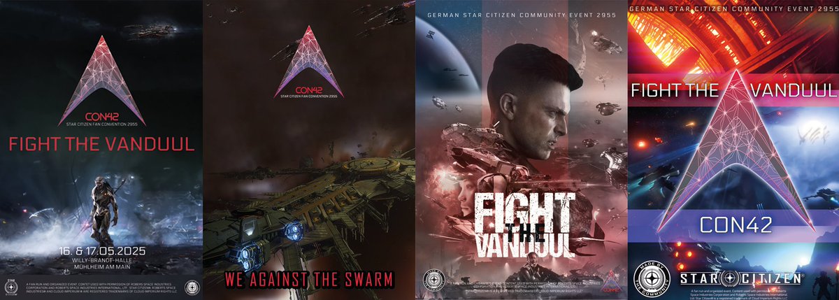 Con42DE's tweet photo. Auf unserem #CON42 Discord könnt ihr jetzt Abstimmen welchen #Starcitizen Poster es nächstes Jahr in euere Merch-Paket schafft. https://t.co/6ryv7nBETA https://t.co/HaIPmRGprU