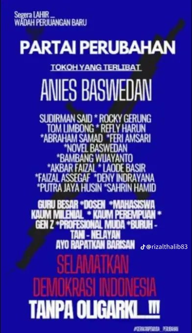 KLARIFIKASI

Melalui pemberitaan media, saya  mendengar Pak <a href="/aniesbaswedan/">Anies Rasyid Baswedan</a> sedang mempertimbangkan pembentukan ormas atau parpol, setelah tidak ikut pilkada 2024. 
Saya doakan semoga langkah-langkah beliau ke depan dimudahkan. 

Namun, saya tidak terlibat dalam aktivitas