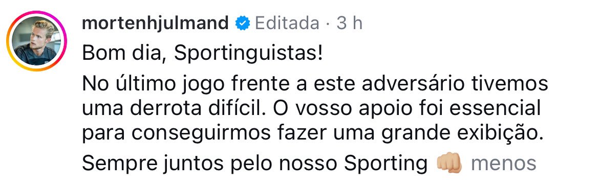 📲 Hjulmand via IG post: “Bom dia, Sportinguistas! No último jogo frente a este adversário tivemos uma derrota difícil. O vosso apoio foi essencial para conseguirmos fazer uma grande exibição. Sempre juntos pelo nosso Sporting 👊🏼”

Porra… O nosso capitão 💚🥹