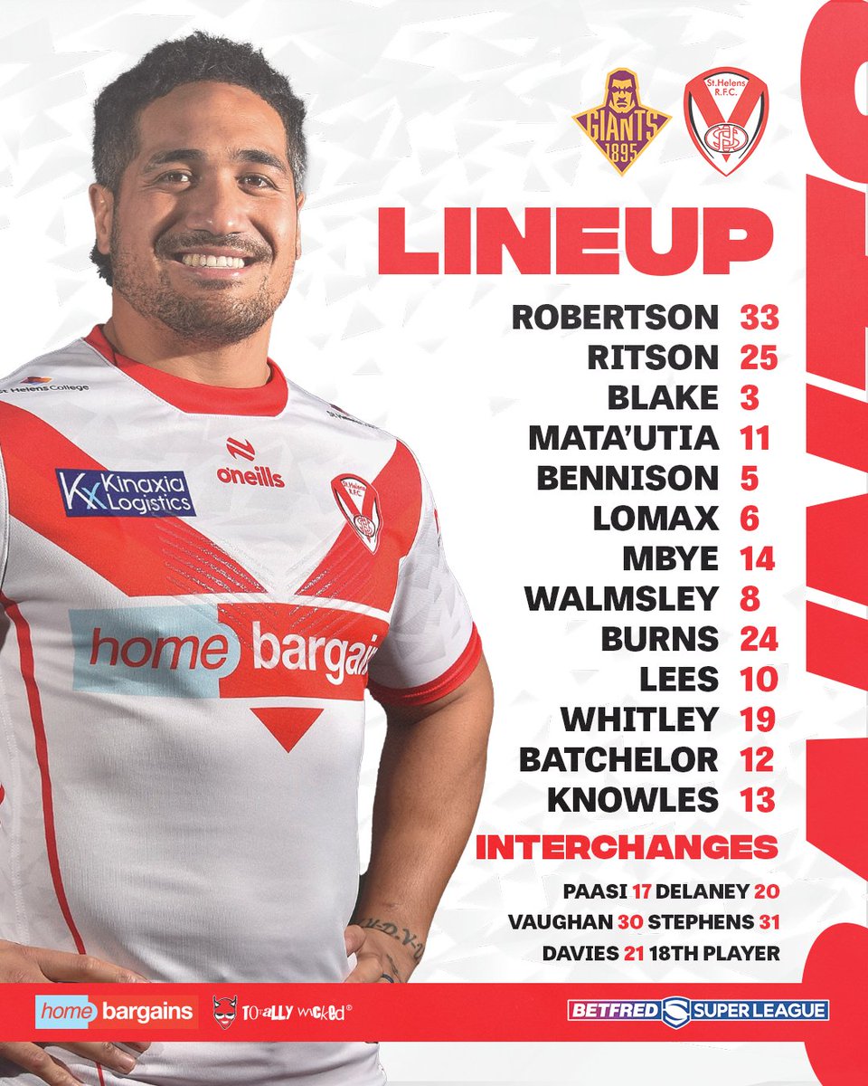 Saints1890's tweet image. 😇 Our Saints lineup for today's @SuperLeague Sunday clash, away against @Giantsrl 

Follow our Live Match Centre
➡ bit.ly/HUD-STH-MC-010…

#COYS