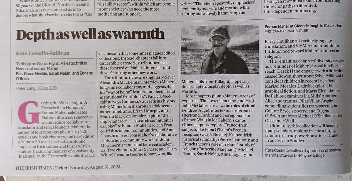 Lovely review of the festschrift for Eamon Maher in this weekend's Irish Times. Buy the book here: peterlang.com/document/14594… <a href="/PeterLangGroup/">Peter Lang Publishers</a>