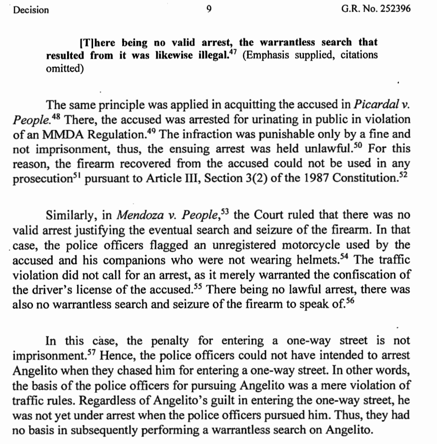 ohlistic's tweet photo. SC reiterates: there can be no valid warrantless search as an incident to a lawful arrest when the suspect has been apprehended for a traffic violation that is not penalized by imprisonment. (Ridon v. People, G.R. No. 252396, 6 Dec 2023) https://t.co/bp9QoJk2xJ https://t.co/EaLvDsu9OA