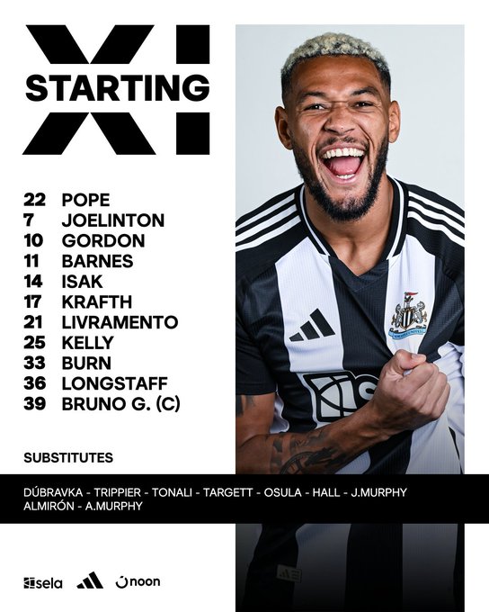 Newcastle United starting line-up v Spurs:

Pope, Joelinton, Gordon, Barnes, Isak, Krafth, Livramento, Kelly, Burn, Longstaff, Bruno G.