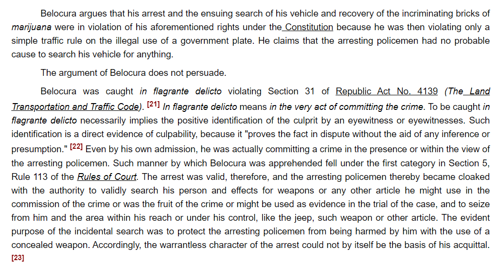 ohlistic's tweet photo. While this decision does not expressly overturn any precedent, I wonder if we can now consider Ppl. v. Belocura (2014) as a stray ruling. There, SC affirmed warrantless search on one driving a spurious government plate; the statutory penalty for such violation wasn't imprisonment https://t.co/ot4YPmnvgS