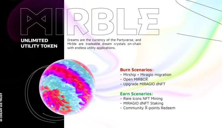 BTylan38811's tweet photo. Hey Dreamers 👋 
 
Introducing Partyroyales's utility token MIRBLE. 
MIRBLE is scheduled to be released in a later date in Partyroyales's roadmap. In the near future, you would be able to mine MIRBLE by utilising X̅-Points. It also has many different utilities which would be announced in a later date.  
 
More details to come, be sure to stay tuned for more exciting updates! 💪