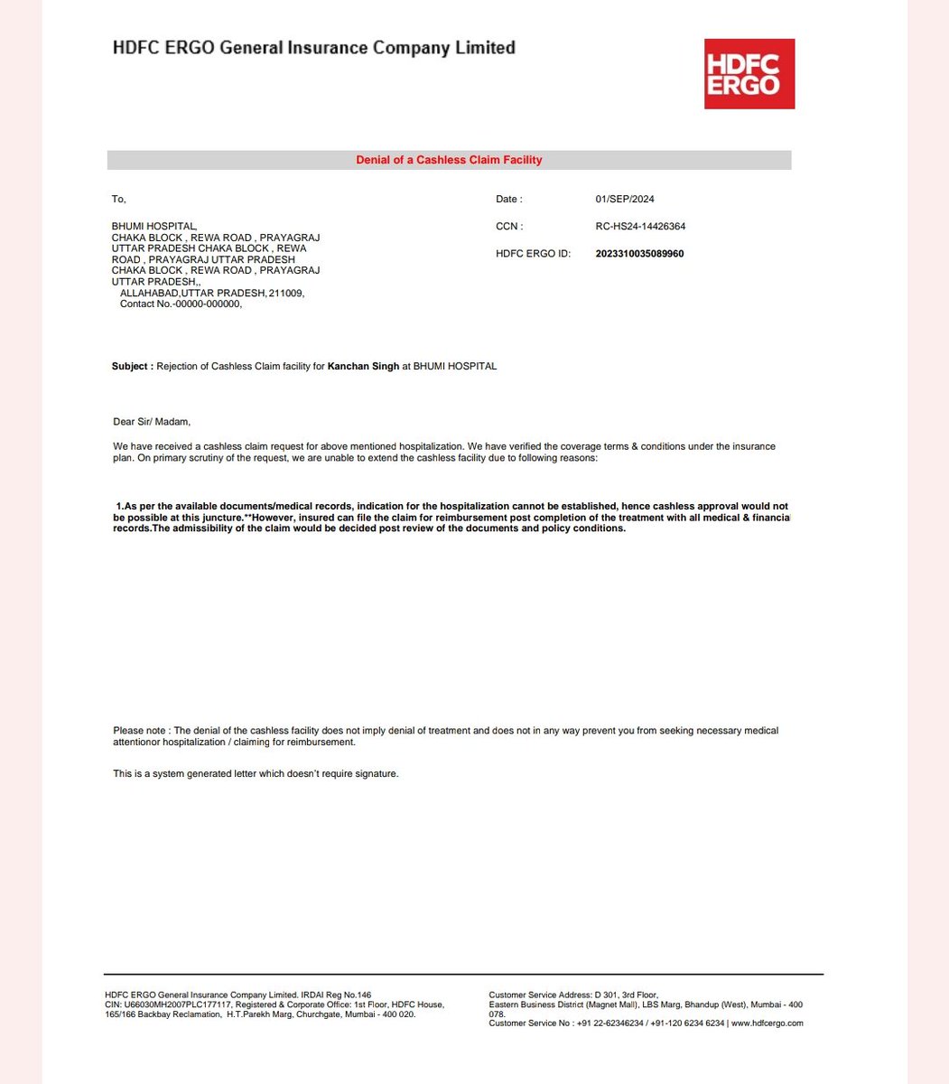 Ankitas24315870's tweet photo. @HDFCERGOGIC @TThenarasu MD hdfc ergo GIC , Mr. Ritesh Kumar.. your company is claiming cashless service but when customer needs it your company simply denied... Then why we are paying you premium?
Why your company is cheating and troubling customer? https://t.co/91K6S3mpdx