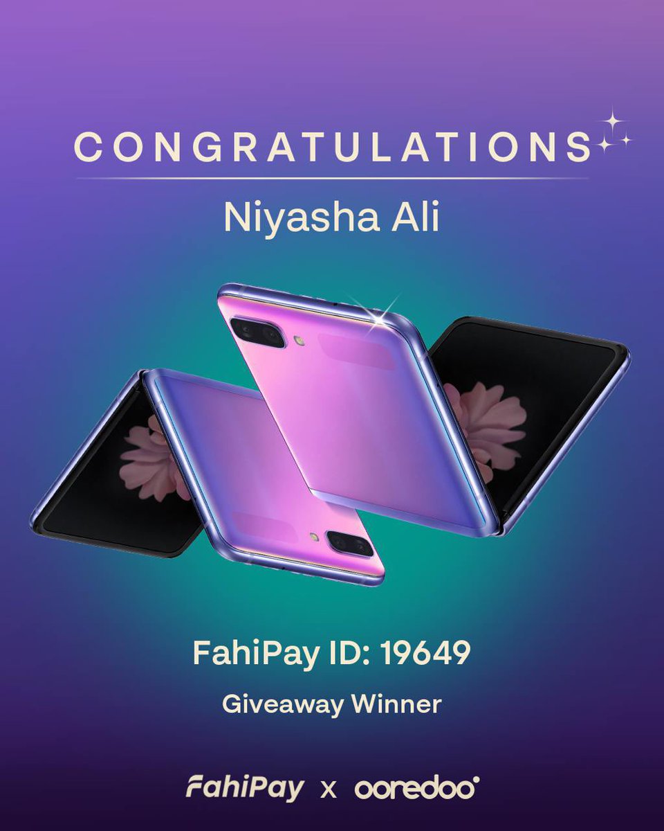 Congratulations, Niyasha Ali (FahiPay ID: 19649)! 🎉 

You have taken part in the GIVEAWAY - Raastas or get a Ooredoo data package via FahiPay between 26th July 2024 and 31st August 2024, and have won a Samsung Galaxy Z Flip Phone 📱✨