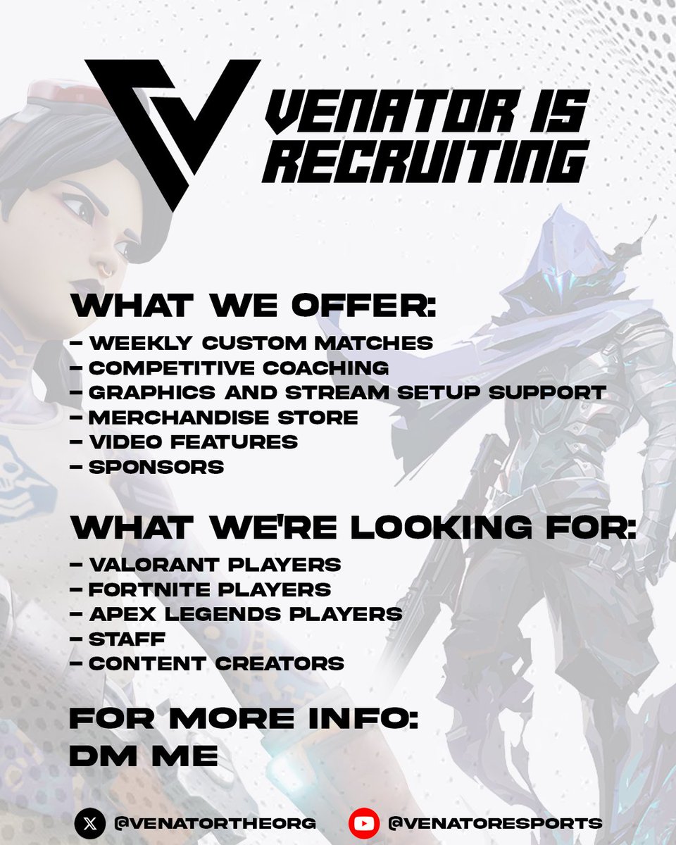VenatorTheOrg's tweet photo. VENATOR IS RECRUITING! NOW'S YOUR CHANCE!
#TrackTheTangos #VNTR #VENATOR #VALORANT #ESPORTS #TEAMRECRUITMENT #FORTNITE #ESPORTSTAFF #ESPORTPLAYERS https://t.co/vroK4PVxbZ