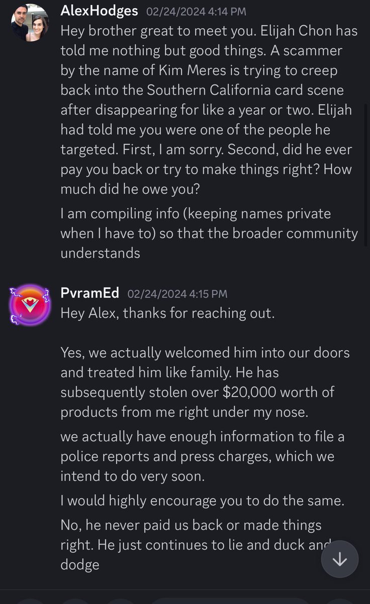AlexHodges's tweet photo. Kim Meres is a scammer and liar whose targeted Weiss Schwarz, YuGiOh and One Piece communities in Southern & Northern California for years w/ preorder scams, theft, & more.

Working with multiple shops & victims to compile evidence + raise awareness as he’s still scamming now.

If you have been or know someone who was targeted by him please share your/their story…