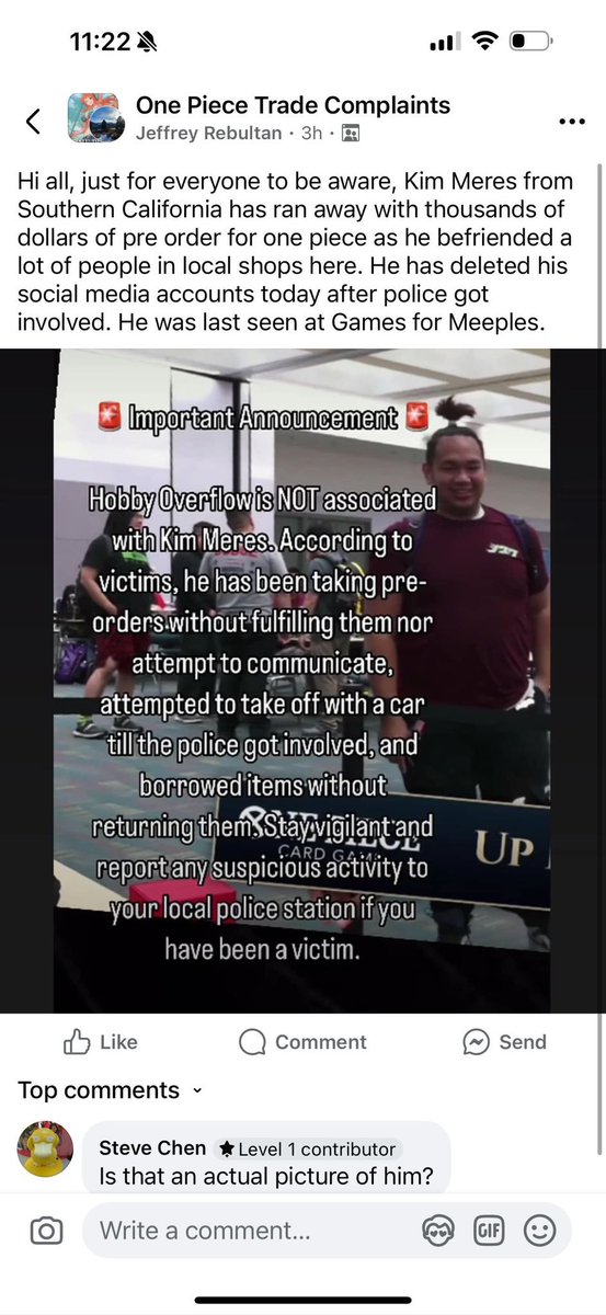 AlexHodges's tweet photo. Kim Meres is a scammer and liar whose targeted Weiss Schwarz, YuGiOh and One Piece communities in Southern & Northern California for years w/ preorder scams, theft, & more.

Working with multiple shops & victims to compile evidence + raise awareness as he’s still scamming now.

If you have been or know someone who was targeted by him please share your/their story…