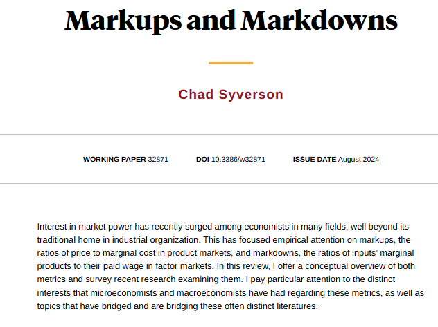 NBER (@nberpubs) on Twitter photo A conceptual overview of both metrics and recent research of markups and markdowns, from <a href="/ChadSyverson/">Chad Syverson</a> nber.org/papers/w32871 A conceptual overview of both metrics and recent research of markups and markdowns, from <a href="/ChadSyverson/">Chad Syverson</a> nber.org/papers/w32871