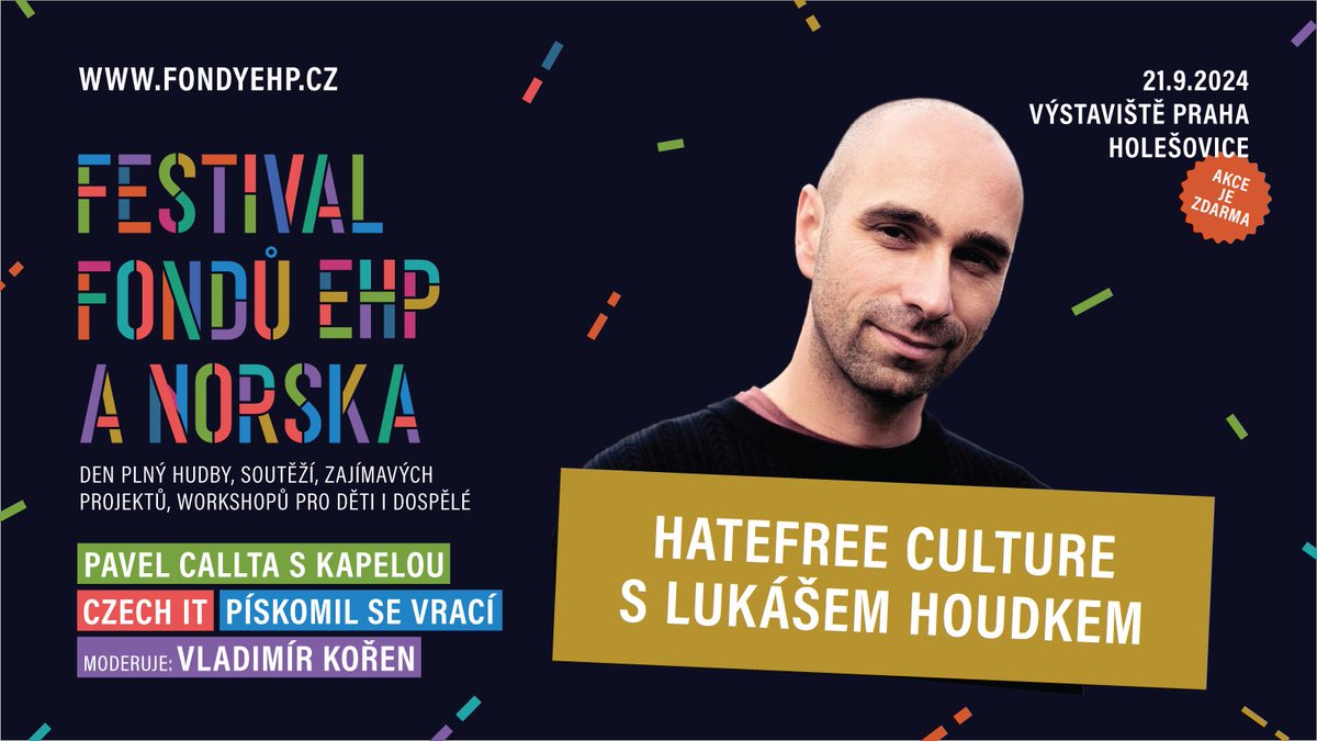 Přijďte na prezentaci a debatu s Lukášem Houdkem z HateFree Culture! 🌍🗣️ Společně najdeme kreativní cesty, jak bojovat proti nenávisti a násilí. Vytvářejme svět, kde respekt a tolerance mají své místo. #FestivalFondůEHPaNorska #FestivalEHPaN #HateFreeCulture #LukášHoudek