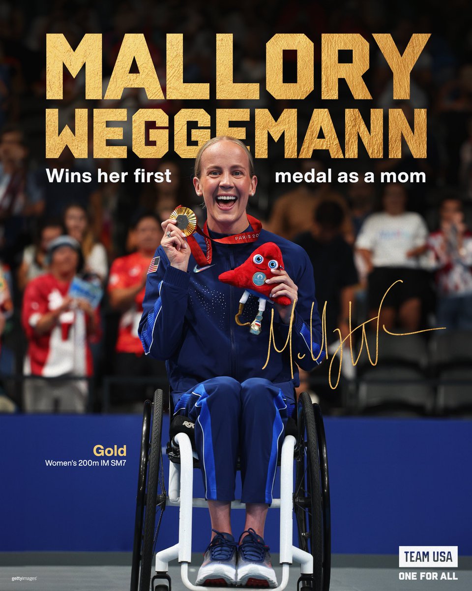 TeamUSA's tweet photo. .@malloryweggeman gave birth to her daughter, Charlotte, 17 months ago…

Yesterday, she won gold and set a Paralympic record in the 200m IM SM7 with Charlotte cheering her on in the stands 🥹

#ParisParalympics https://t.co/mt46iZUFN0