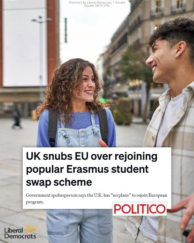 Liberal Democrats (@libdems) on Twitter photo The Erasmus Scheme provides a fantastic opportunity for young people to study, teach and volunteer abroad.
The new Government should be more ambitious about rebuilding stronger relationships with our European neighbours. The Erasmus Scheme provides a fantastic opportunity for young people to study, teach and volunteer abroad.
The new Government should be more ambitious about rebuilding stronger relationships with our European neighbours.