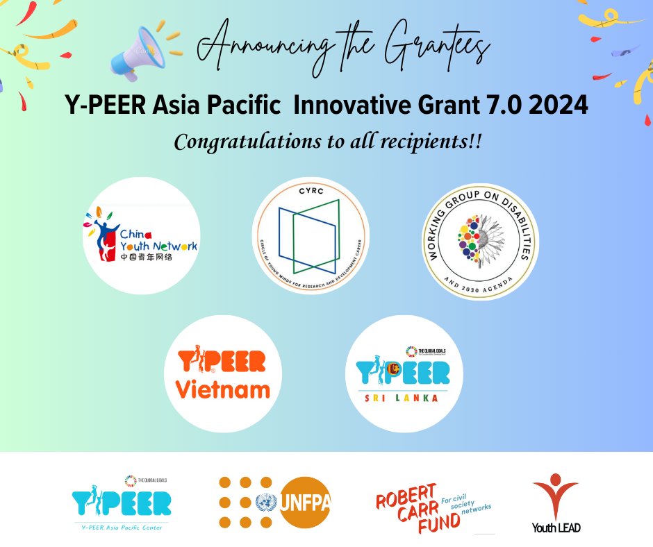 Congratulations to all recipients of
"Y-PEER Asia Pacific Innovative Grant 7.0 (2024)"
#Innovativegrants7 #ICPD30 #YouthDaySpace #YPEERAP
The grant is financially and Technically supported by :
UNFPA Asia and the Pacific
YPEER Asia Pacific Center -Ypeer AP
Youth LEAD
RCF