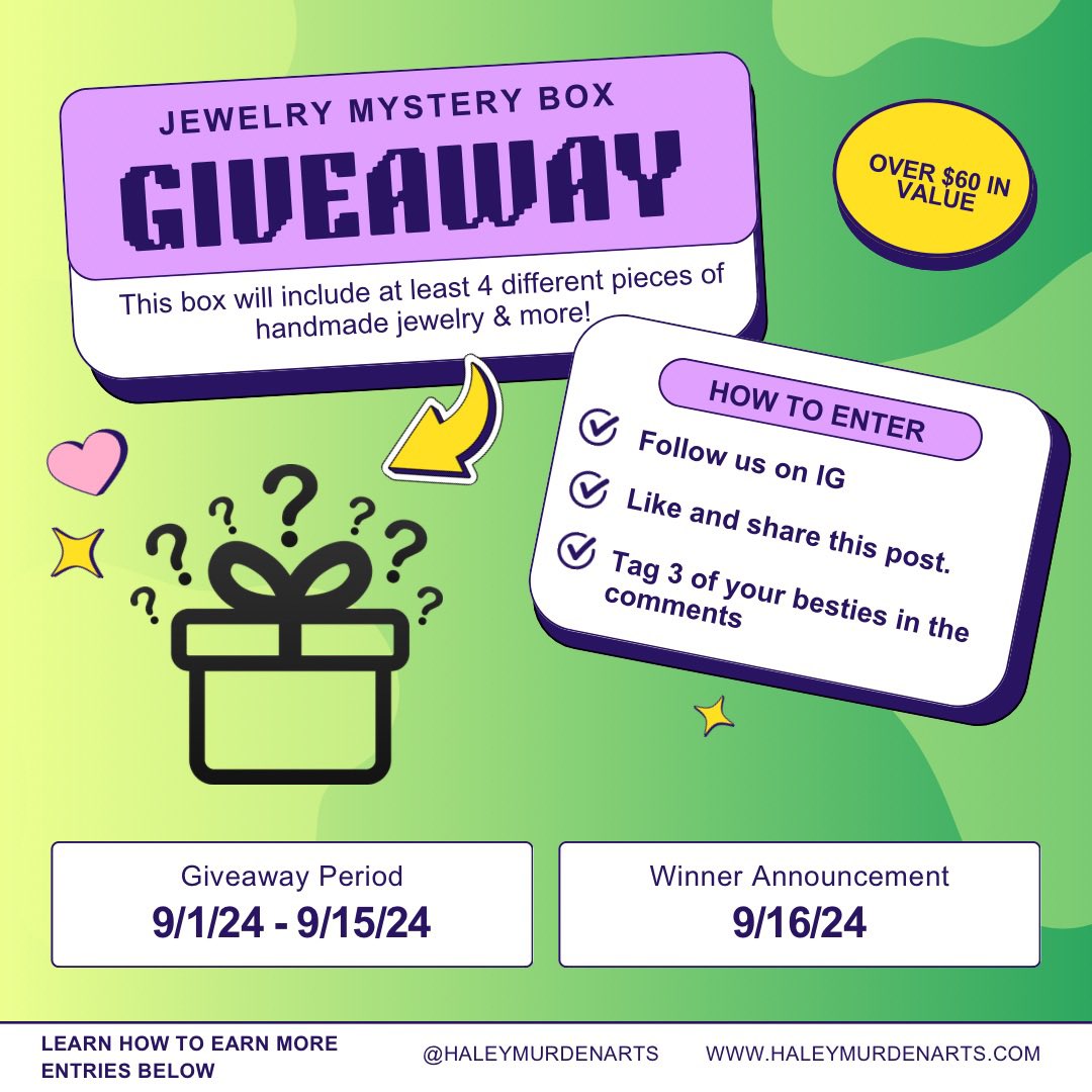 Haley Murden Arts (@haleymurdenarts) on Twitter photo 🚨Giveaway Alert🚨
Enter for a chance to win a FREE Mystery Jewelry box valuing over $60!!
Run to our instagram <a href="/HaleyMurdenArts/">Haley Murden Arts</a> to enter!!!
#Giveaway #MysteryBox #art #jewelrylover #shopsmall #womenbusinessowners 🚨Giveaway Alert🚨
Enter for a chance to win a FREE Mystery Jewelry box valuing over $60!!
Run to our instagram <a href="/HaleyMurdenArts/">Haley Murden Arts</a> to enter!!!
#Giveaway #MysteryBox #art #jewelrylover #shopsmall #womenbusinessowners