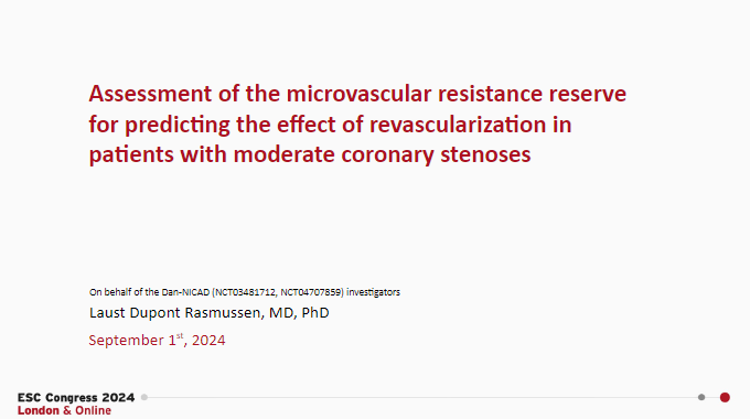 Dan-NICAD study shows in pts with stable new-onset chest pain and moderate coronary stenoses of unclear functional significance, low microvascular resistance reserve (MRR) is associated with freedom of angina beyond CFR and FFR #ESCCongress
