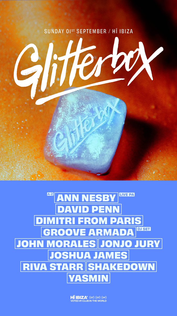 Ibiza 🎟️: glitterboxibiza.com/events

<a href="/annnesby1/">annnesby</a> 
<a href="/DJDavidPenn/">David Penn</a> 
<a href="/DimitriParis/">Dimitri From Paris</a> 
<a href="/GrooveArmada/">Groove Armada</a> 
<a href="/JohnTheMixer/">John Morales</a> 
Jonjo Jury
<a href="/DJJoshuaJames/">Joshua James</a> 
<a href="/rivastarr/">Riva Starr</a> 
Shakedown
Yasmin