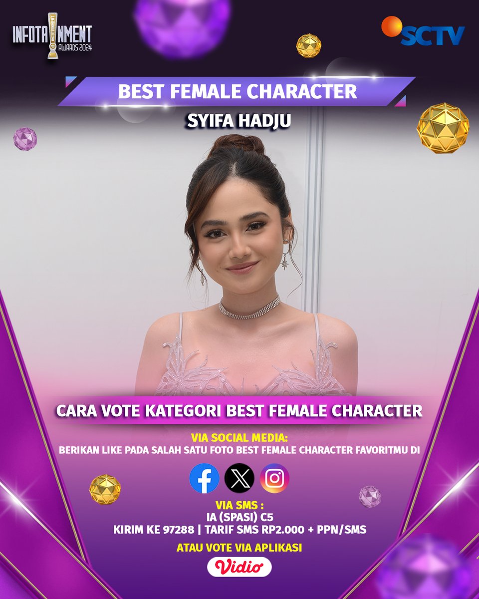 SCTV's tweet photo. @vidio Dukung Syifa Hadju untuk memenangkan Kategori BEST FEMALE CHARACTER di Instagram dengan cara like foto berikut atau #VoteIA2024 via SMS, X, dan Facebook, atau bisa juga melalui @vidio

#IA2024 #C5 #InfotainmentAwards2024 #SCTVSpesial #IA2024SyifaHadju https://t.co/s1hj0BYmSI