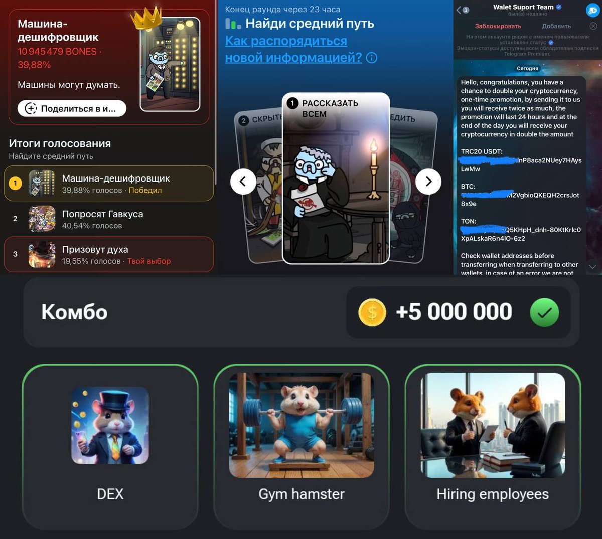 🐹 Комбо в 🐹 Humster Combat (t.me/haMster_kombat…)

• Hiring employees - Specials
• Gym hamster - Specials
• DEX - Web3

❗️ Появились фейк акки поддержки Telegram-кошелька, не переводите никуда деньги!

🐶 Результаты 🐶 Lost Dogs (t.me/lost_dogs_bot/…) 

В 🐶 Lost Dogs