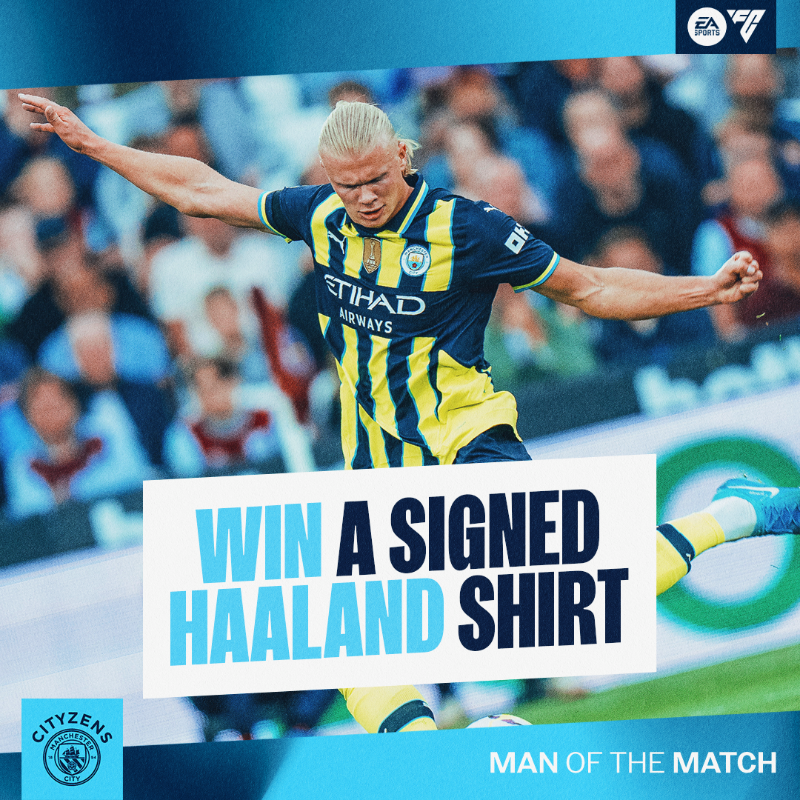 ManCity's tweet photo. Win a signed shirt from our hat-trick hero, @erling! ✍️