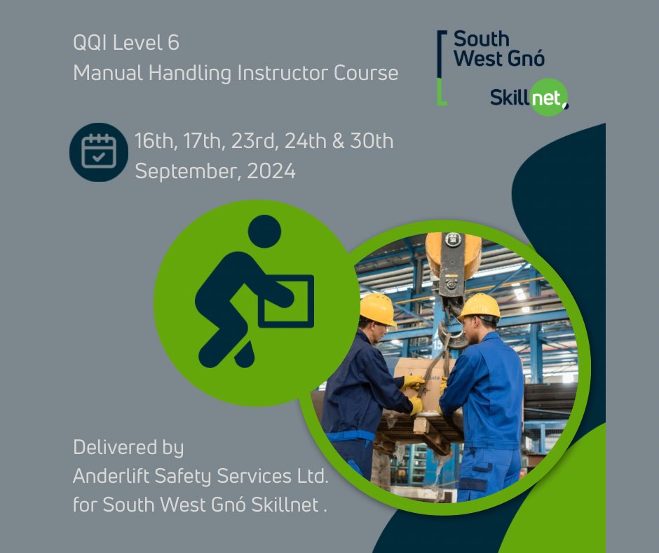 Become a Certified Manual Handling Instructor. 

The cost per person for South West Gnó Skillnet  members is only €250. 

Dates: 16th, 17th, 23rd, 24th &amp; 30th Sept
Venue: The Brehon Hotel &amp; Spa,

For further information or to book your place log onto southwestgno.ie