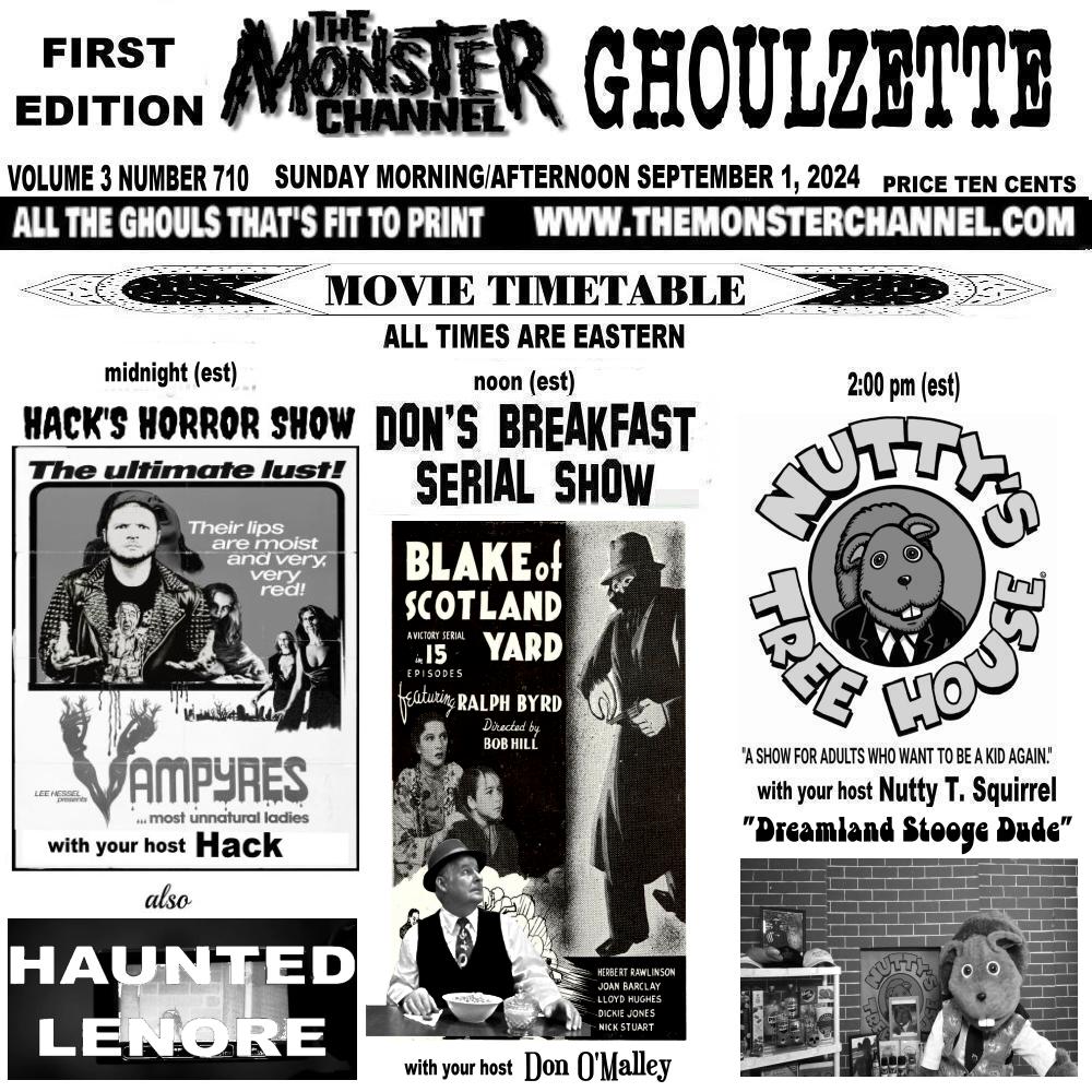 EerieLateNight's tweet photo. Sunday on The Monster Channel!
https://t.co/NvRAe8VV0c
#hackshorrorshow #donsbreakfastserialshow #nuttystreehouse #frightnighttheatre #thespookyspectre #lordbloodrah #saturdayfrightspecial #scarewolf https://t.co/z04YjuseLw