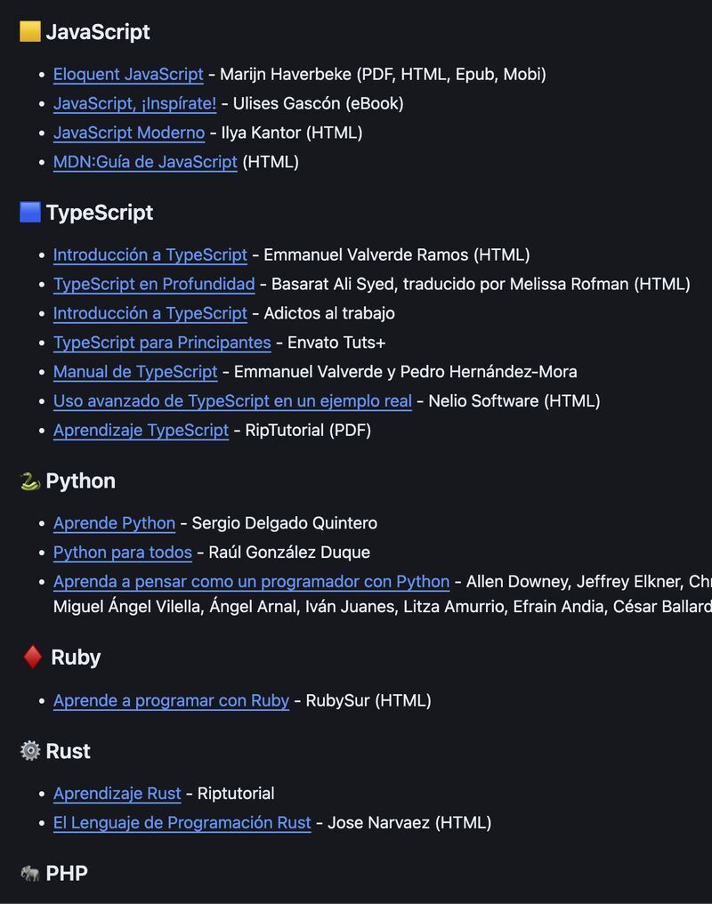 midudev's tweet image. Colección de libros gratis de Programación en Español
JavaScript, Python, Go, Java, Kotlin, PHP y más:
→ github.com/midudev/libros…
